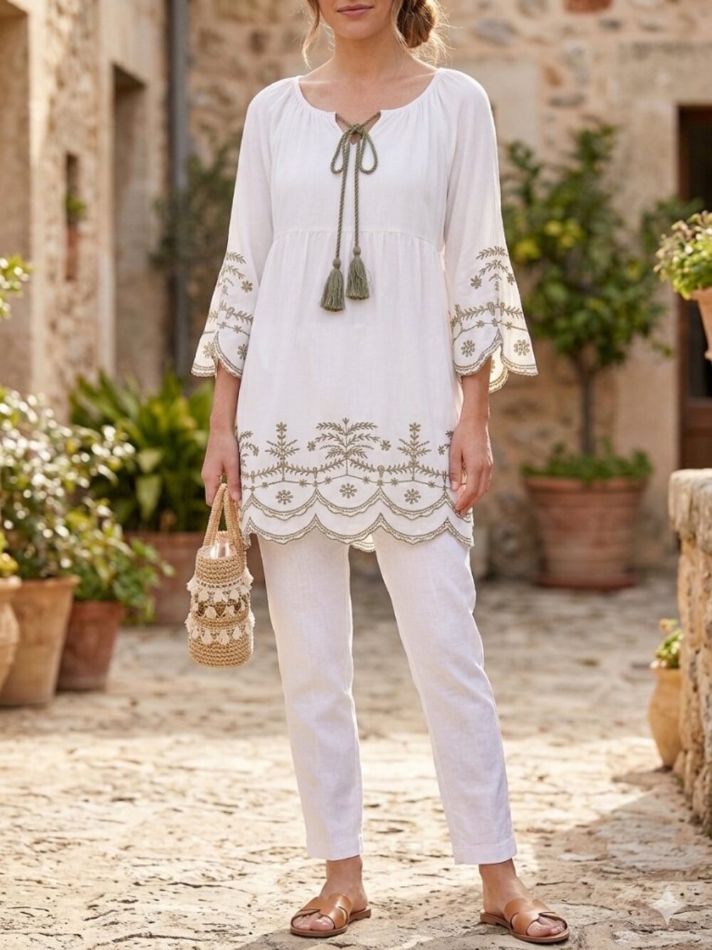 Chic Connection White & Olive Green Embroidered Tunic Midi Dress